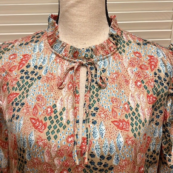 Loft Garden Cinched Sleeve Ruffle Tie Neck Mixed Media Top in Sandy Cove - Picture 4 of 16